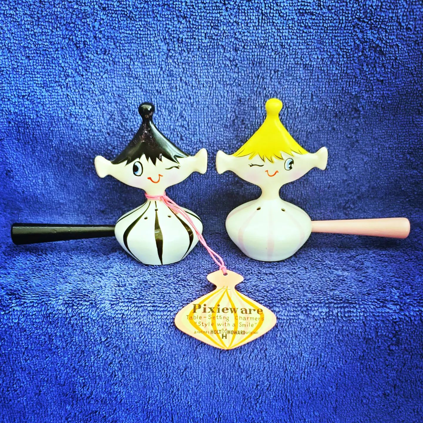 Salty and Peppy wooden-handled Pixieware shakers with original hang tag