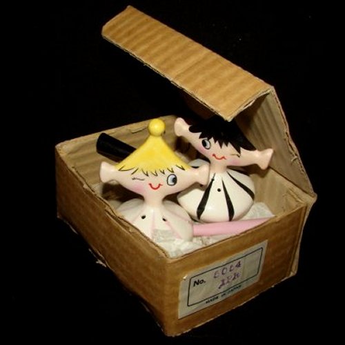 Salty and Peppy shakers in original cardboard box with import label