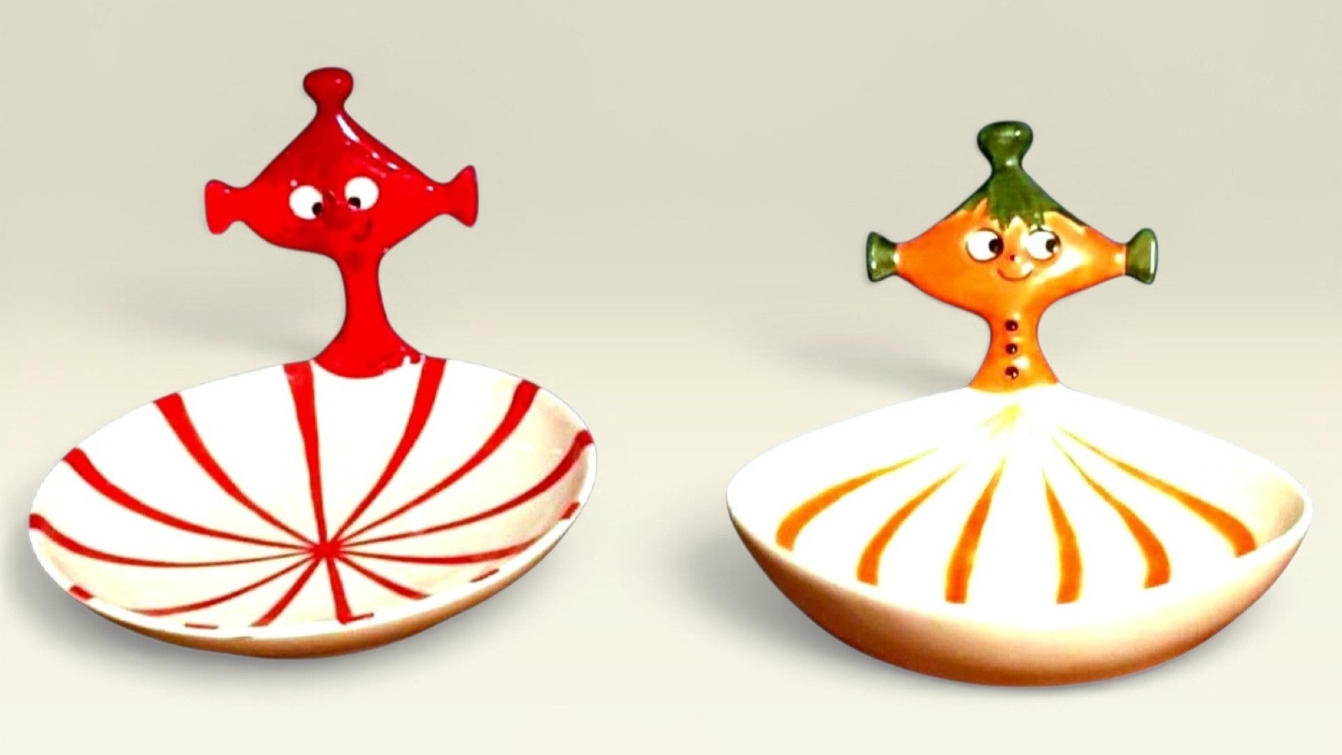 Possible prototype Cherries snack dish beside a production Ketchup Katie snack dish