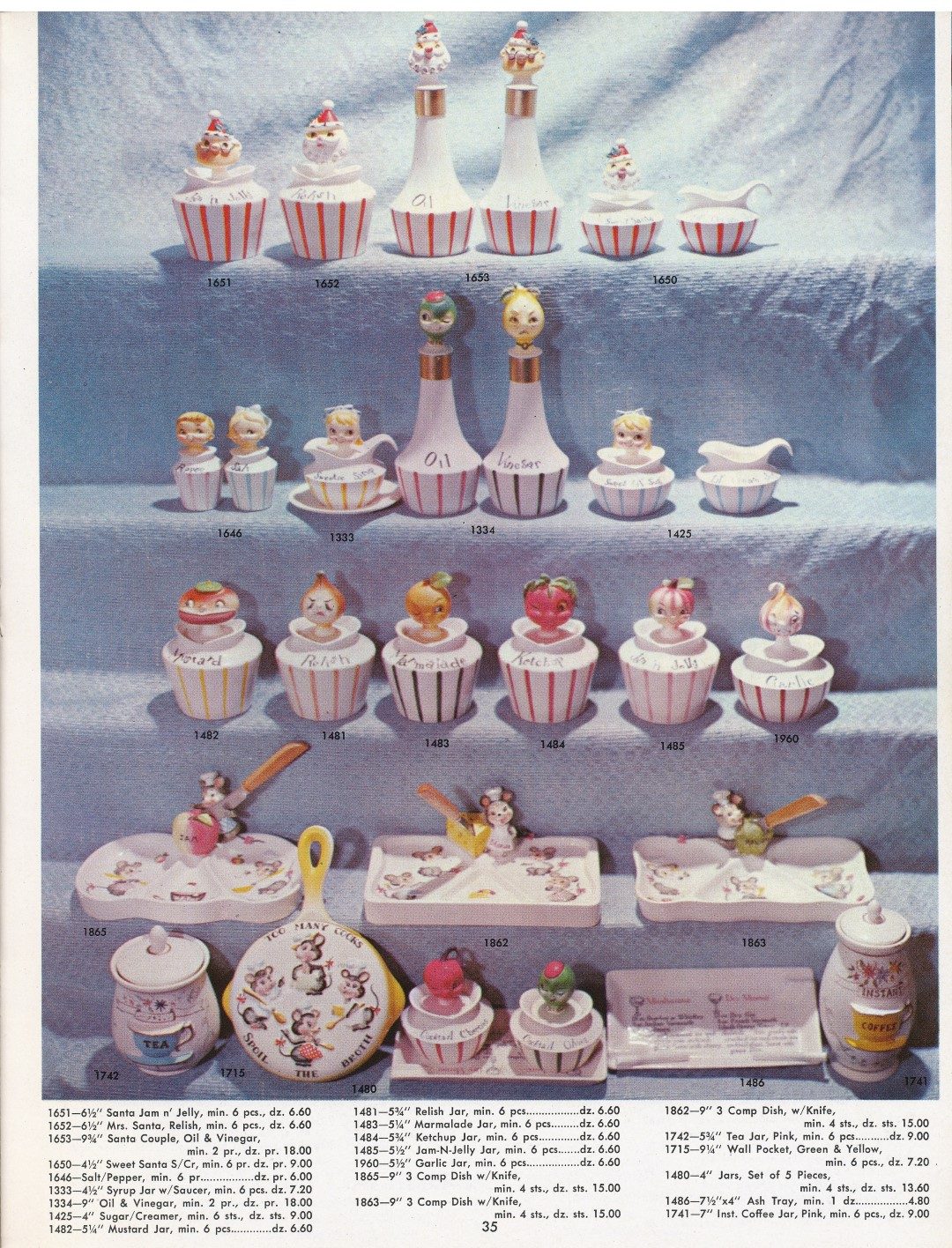 Original Lefton merchant catalog page showing vegetable-head and Christmas novelty pieces.