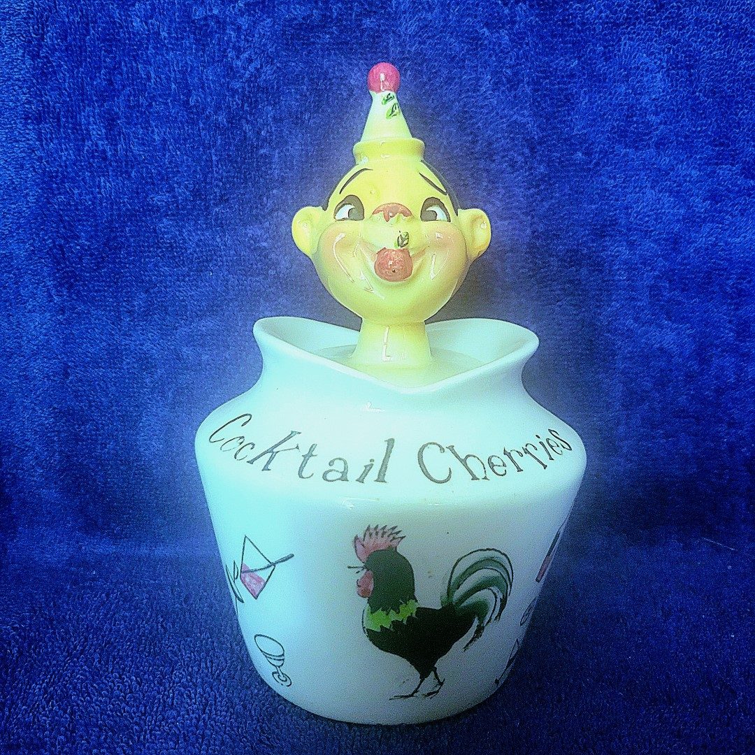 Full-sized Cocktail Cherries, front view with rooster and cocktail imagery.