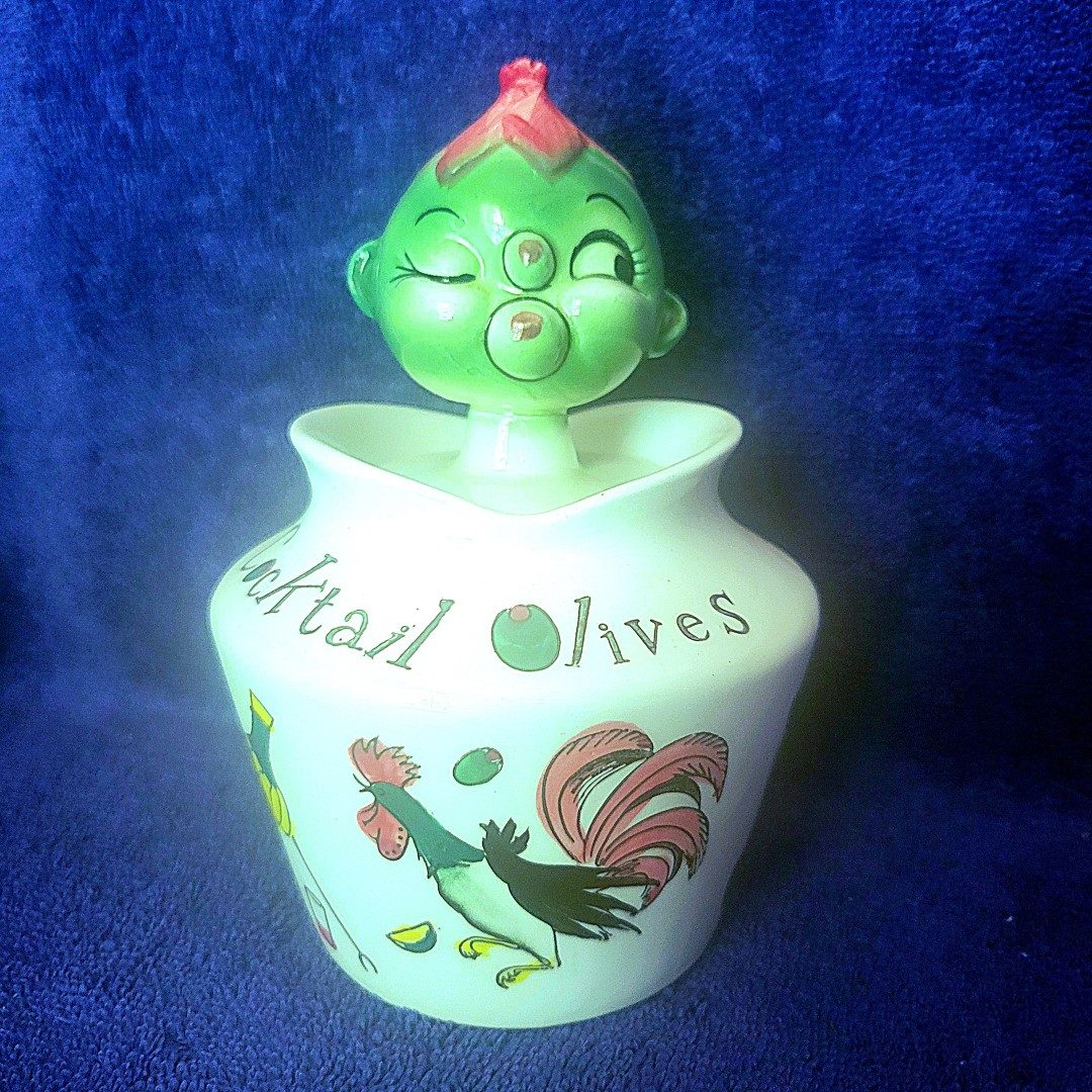 Full-sized Cocktail Olives, front view with rooster and cocktail imagery.