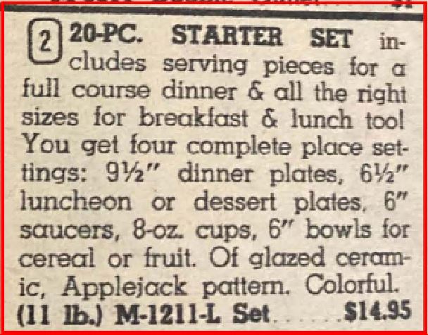 20-piece starter set order text. Period catalog description and ordering information.