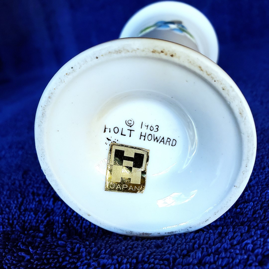 Bottom of Blueberry bud vase with backstamp and foil label.