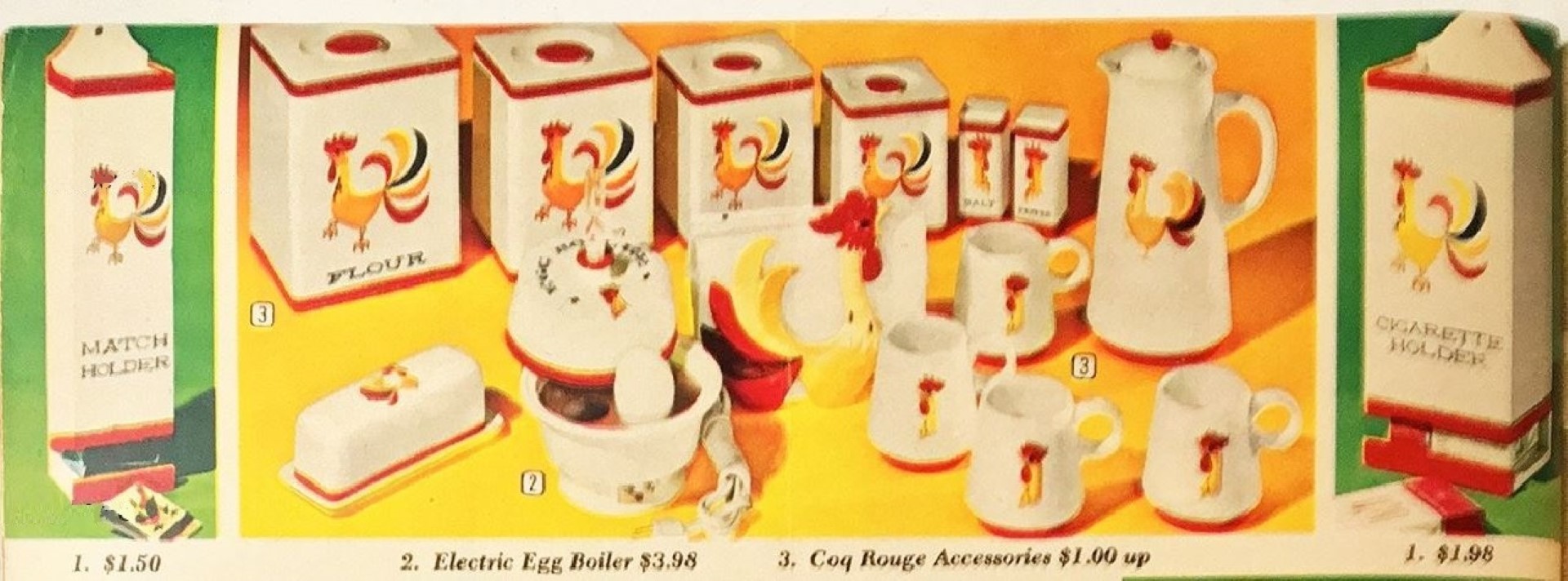 Period Holt Howard advertisement showing Coq Rouge kitchen and tabletop pieces.