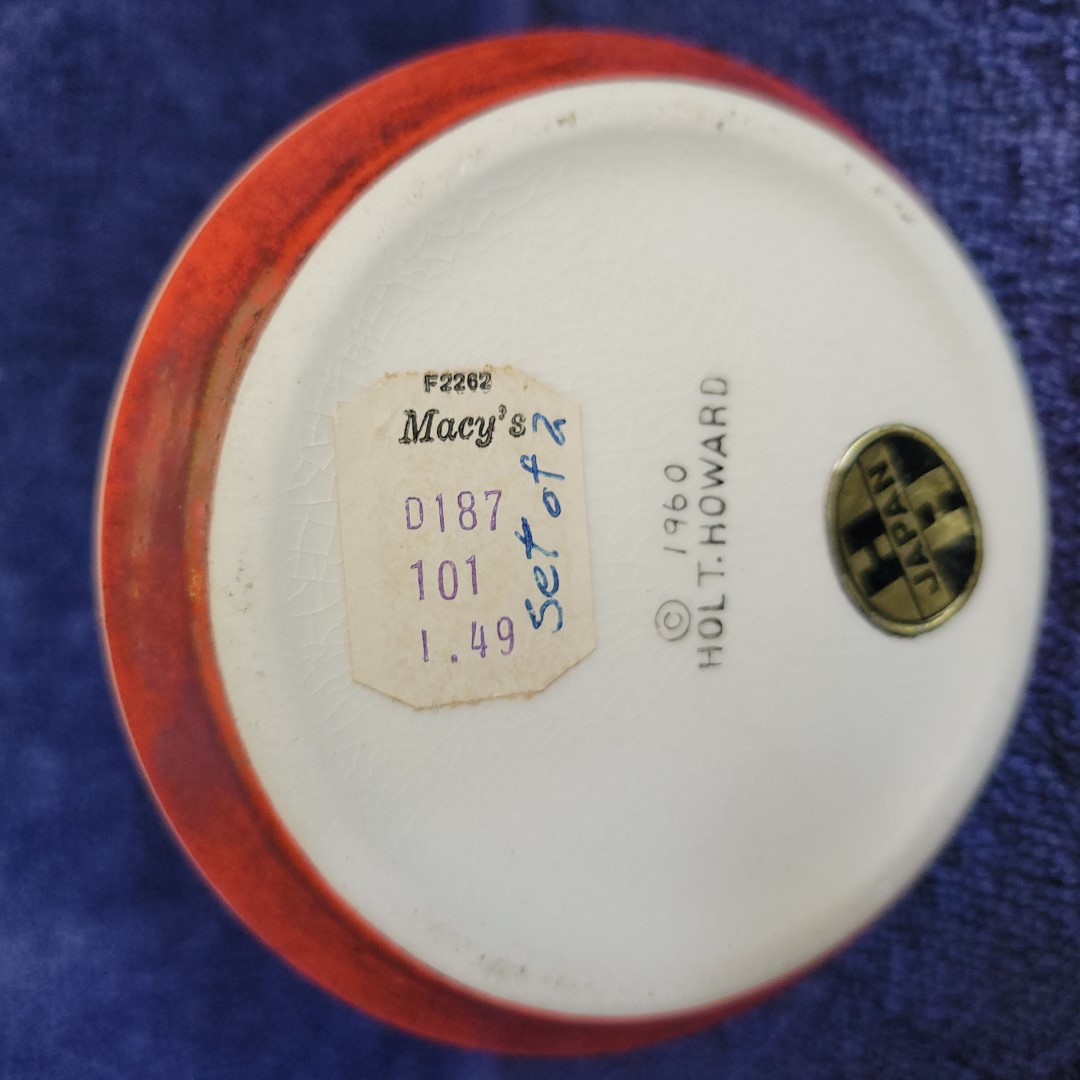 Underside of Coq Rouge creamer showing 1960 Holt Howard backstamp and original Macy's price label.