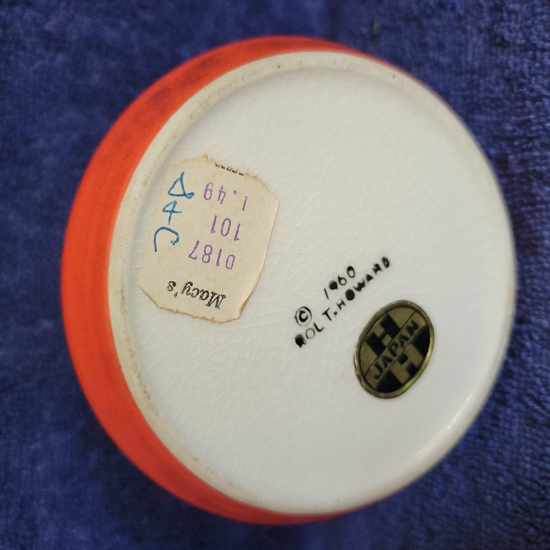 Underside of Coq Rouge sugar bowl showing 1960 Holt Howard backstamp and original Macy's price label.