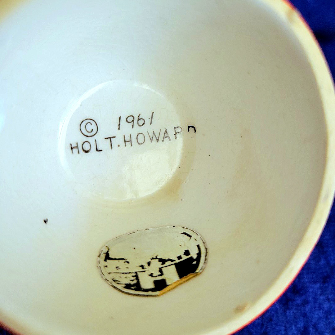 1961 Holt Howard backstamp and partial original foil label on a reversible Coq Rouge egg cup.