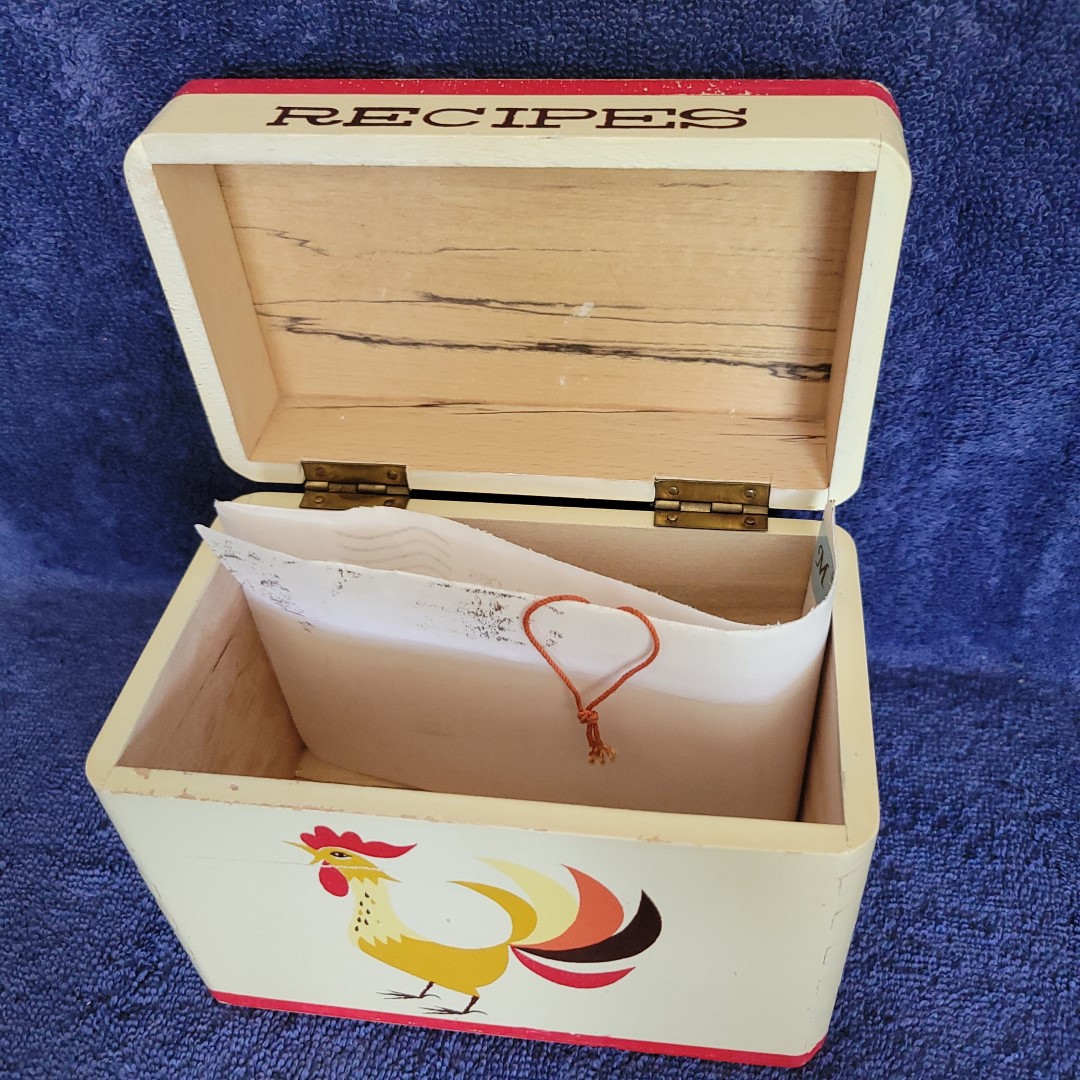 Open Coq Rouge wooden recipe box showing interior.