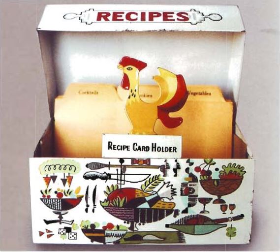 Holt Howard Coq Rouge metal recipe card holder with pop-up rooster and yellow recipe dividers.