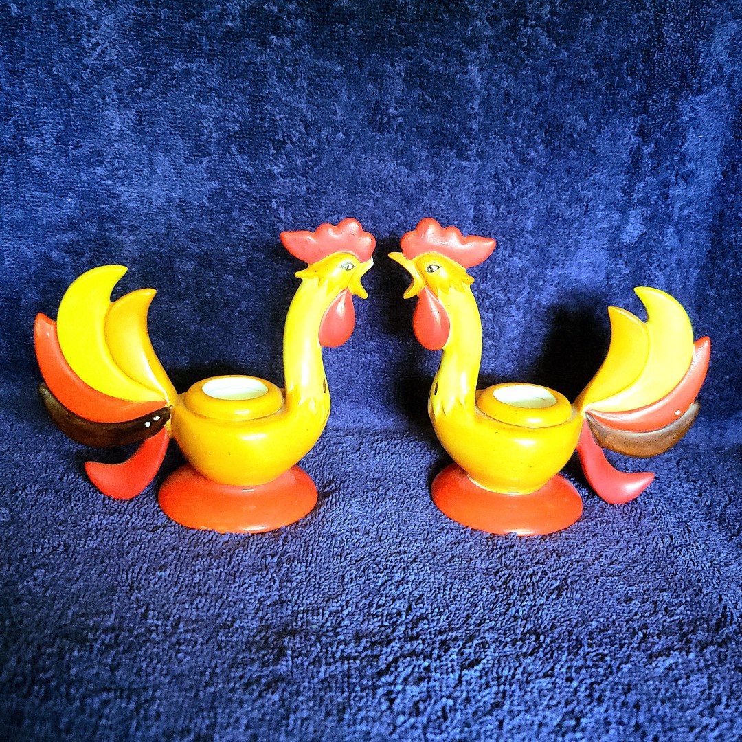 Pair of Holt Howard Coq Rouge rooster candle holders.