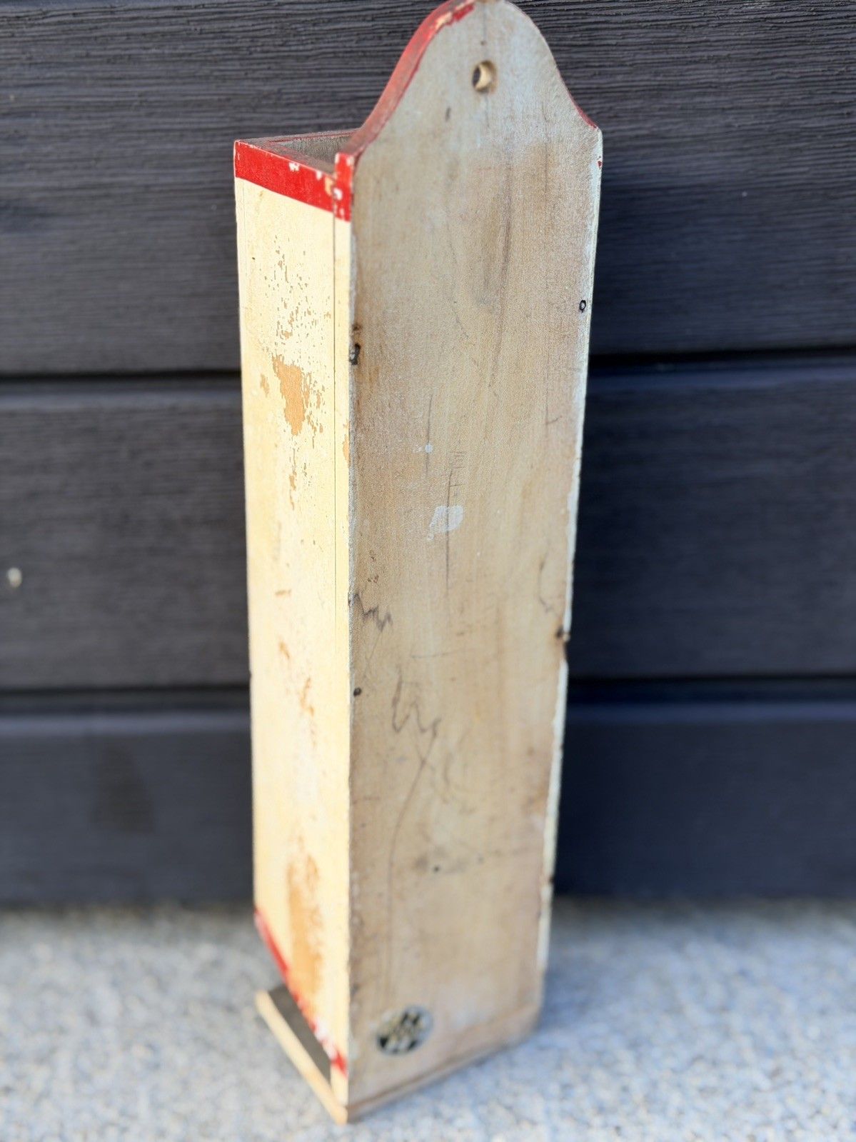 Rear and side view of Holt Howard Coq Rouge wooden match holder with foil label.