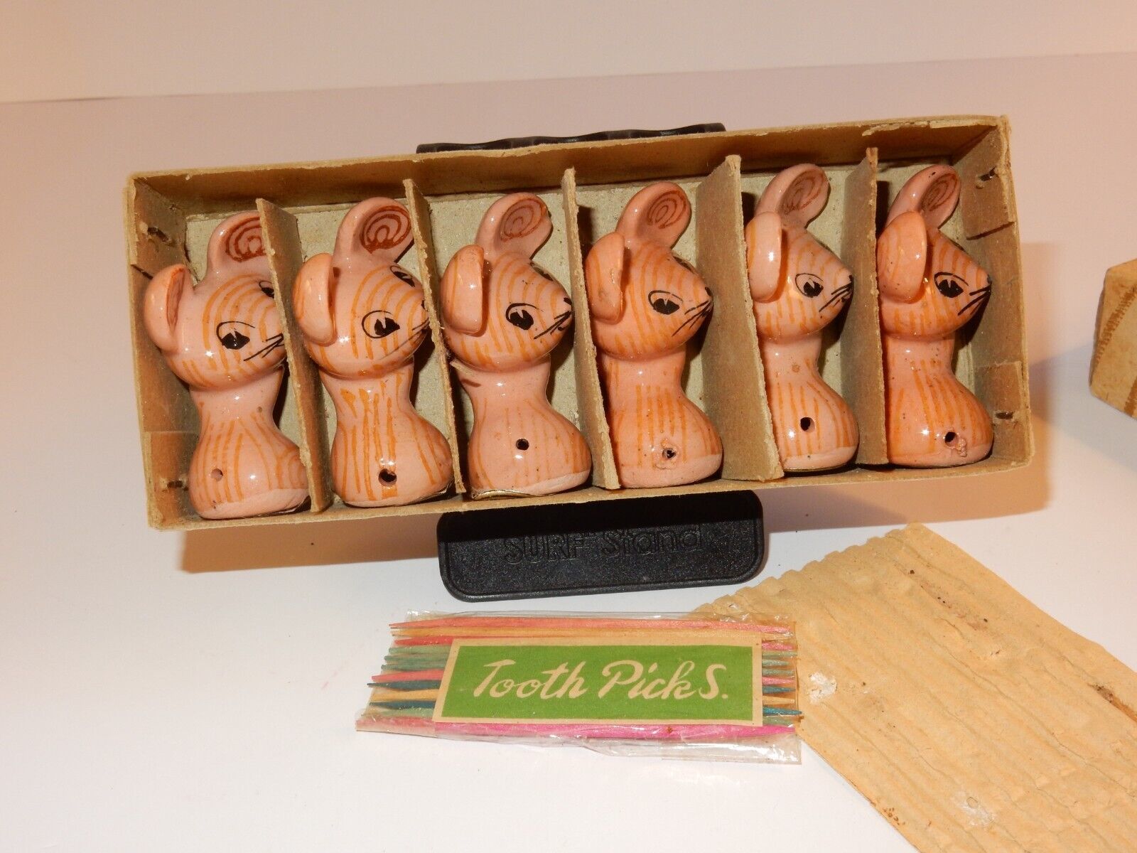 Open Merry Mouse Cocktail Kibitzers box with interior dividers and toothpick packet.