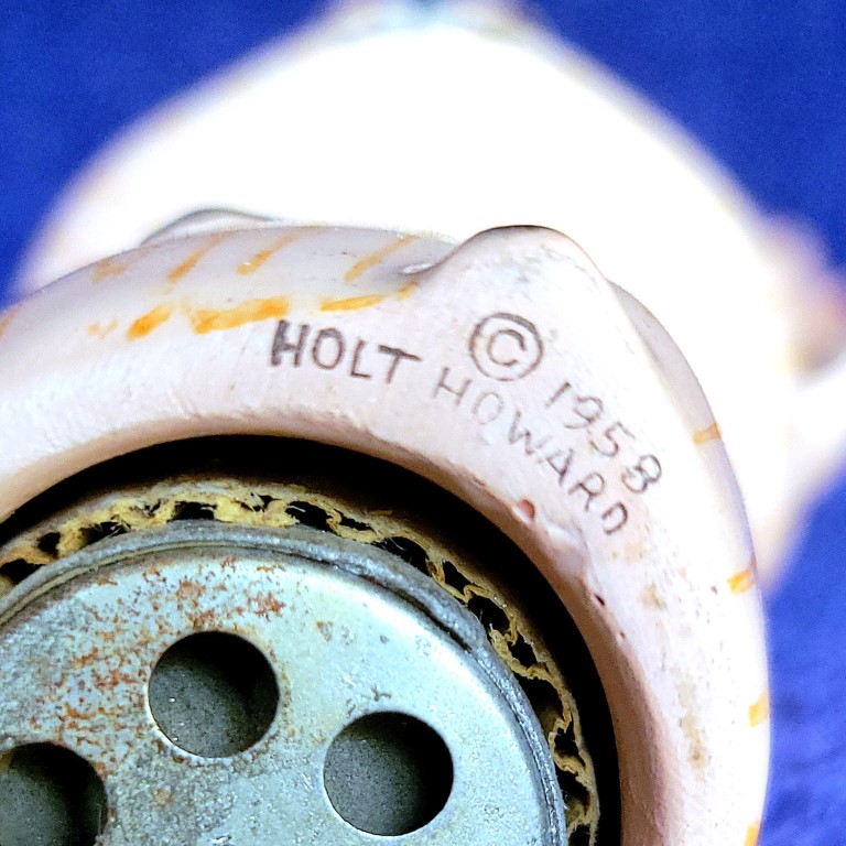 Close-up of 1958 Holt Howard backstamp on Merry Mouse shaker.