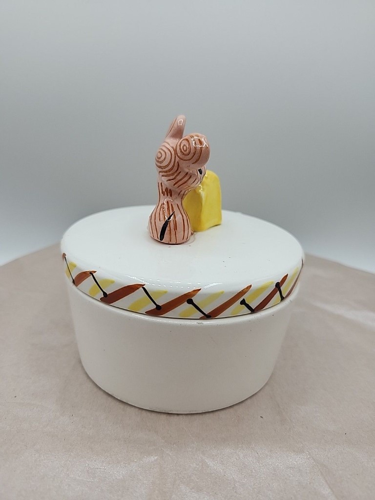 Rear and side view of Merry Mouse Stinky Cheese Crock.