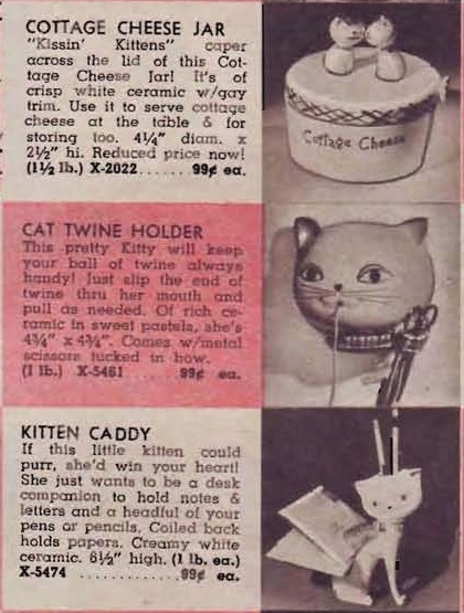 1958 Foster House advertisement for Cozy Kittens Cottage Cheese Jar, Cat Twine Holder, and Kitten Caddy.