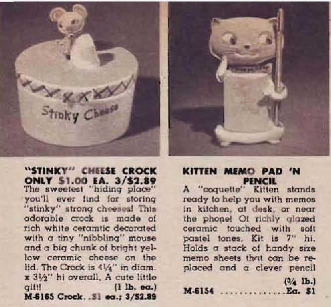 1959 Foster House advertisement for the Stinky Cheese Crock and Kitten Memo Pad and Pencil.
