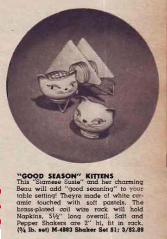 1959 Foster House advertisement for Good Season Kittens salt and pepper shakers with napkin rack.
