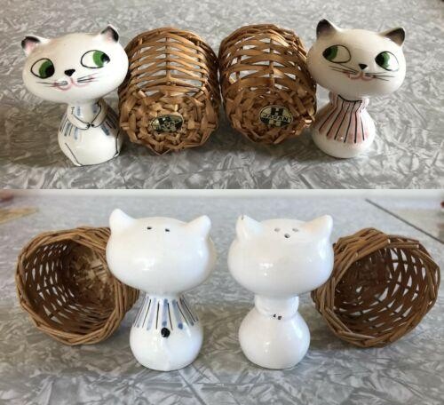 Front and rear views of Cozy Kittens Peeking Cats in Baskets salt and pepper shakers with baskets and foil labels.