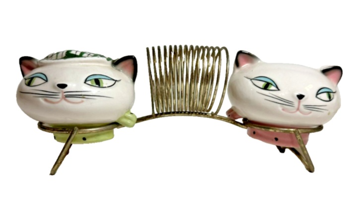 Front view of Holt-Howard Cozy Kittens napkin holder with salt and pepper shakers.