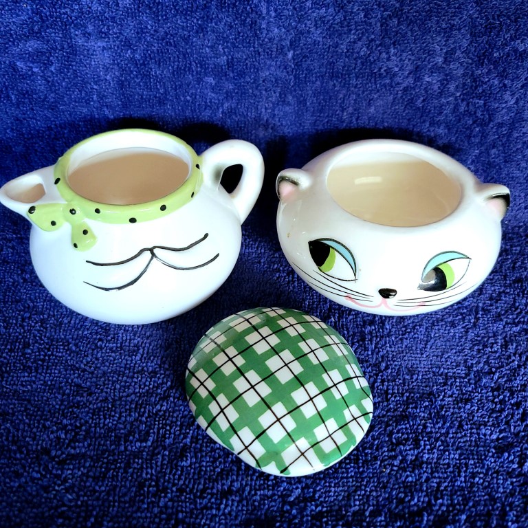 Cozy Kittens stackable sugar and creamer separated into creamer, sugar bowl and plaid lid.
