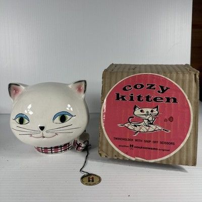 Forward-looking Holt-Howard Cozy Kittens string holder with original box and scissors.