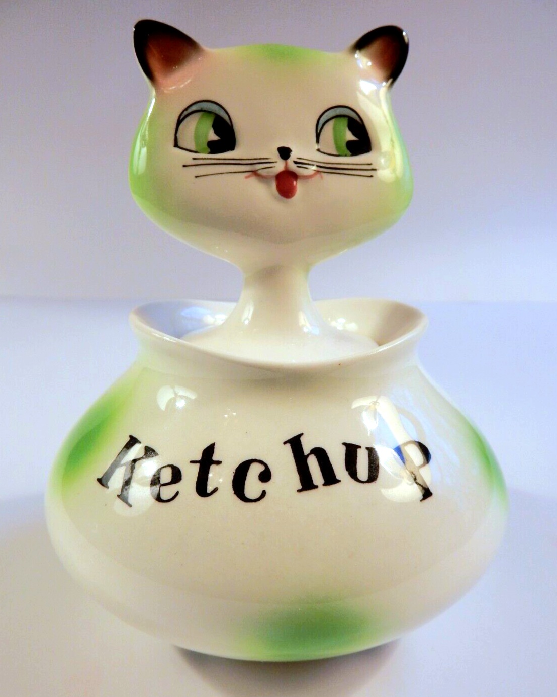 Holt-Howard Cozy Kittens Ketchup condiment jar, front view.