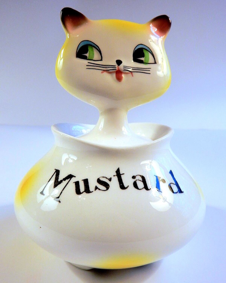 Holt-Howard Cozy Kittens Mustard condiment jar, front view.