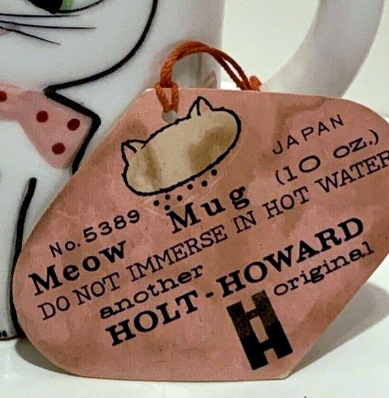 Reverse of original Cozy Kittens Meow Mug hang tag identifying No. 5389 and 10-ounce capacity.
