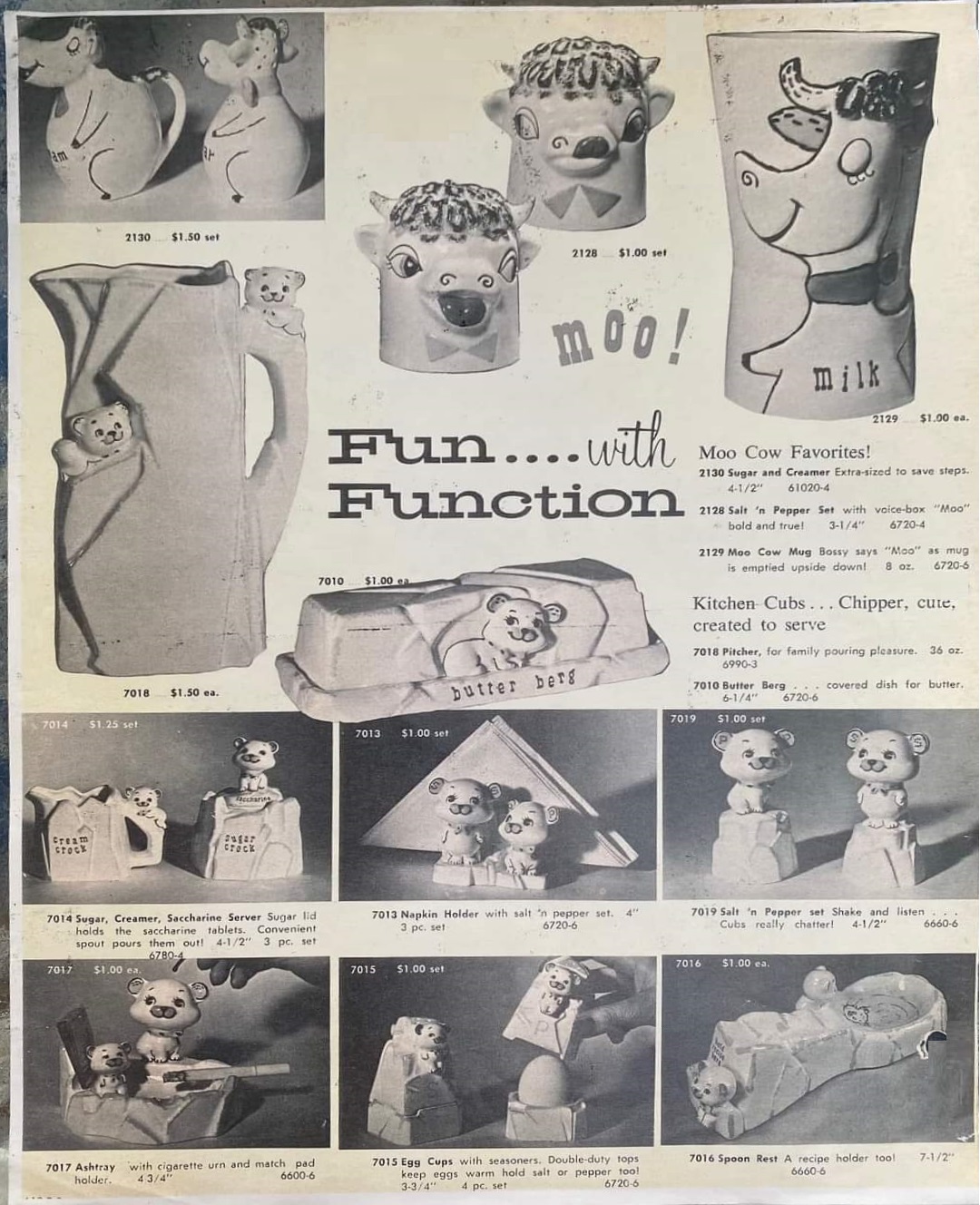 1958 Holt-Howard dealer catalog page showing Kitchen Cubs and related novelty kitchenware.