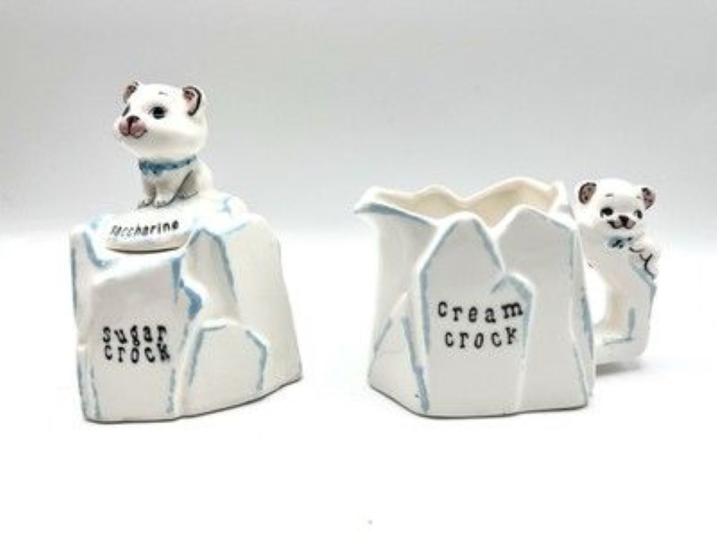 Kitchen Cubs Cream Crock and Sugar Crock with Saccharine Server, front view.