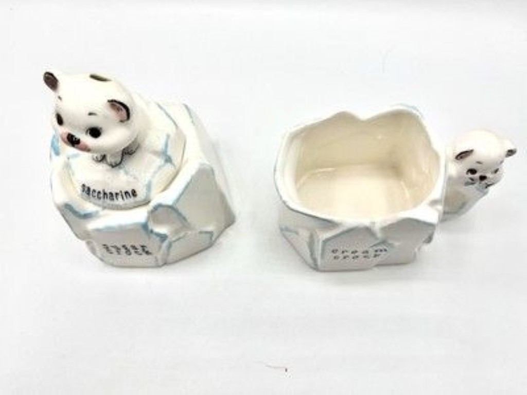 Top view of Kitchen Cubs Cream Crock and Sugar Crock with Saccharine Server.
