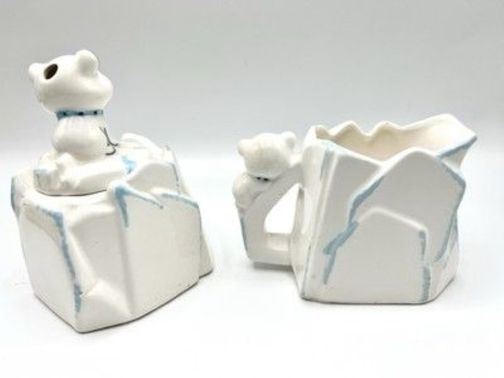 Rear view of Kitchen Cubs Cream Crock and Sugar Crock with Saccharine Server.
