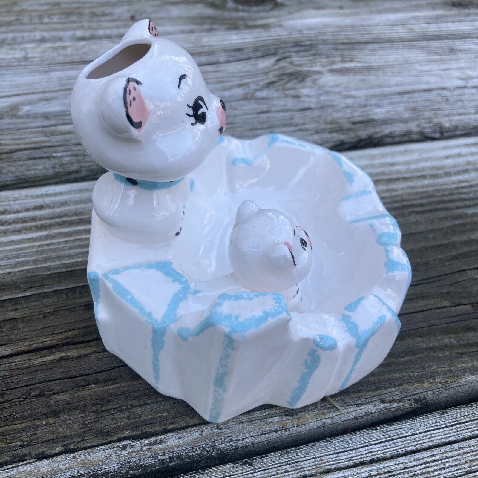 Kitchen Cubs ashtray, rear three-quarter view.