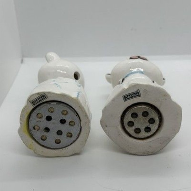 Undersides of Kitchen Cubs Shake and Listen salt and pepper shakers.