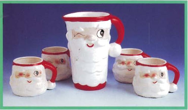 Holt Howard Winking Santa Version B pitcher with six matching mugs.