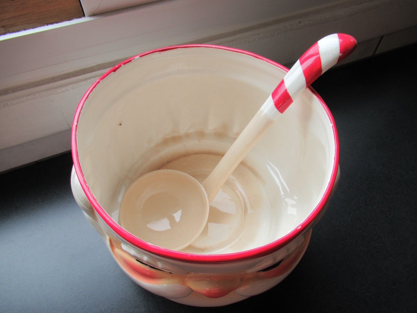 Overhead view of Holt Howard Winking Santa punch bowl and ladle.