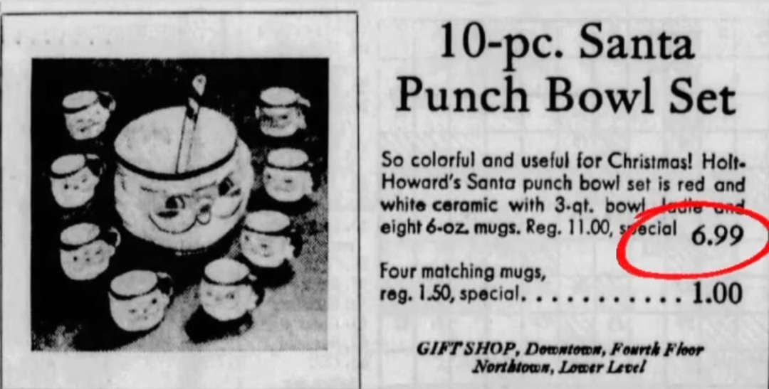 Period department-store advertisement for Holt Howard's 10-piece Santa punch bowl set.
