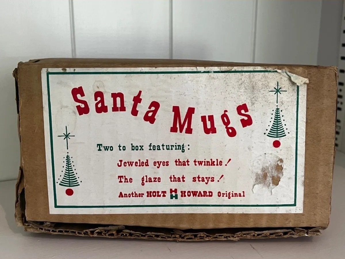 Original Holt Howard box for two jeweled-eye Santa mugs.