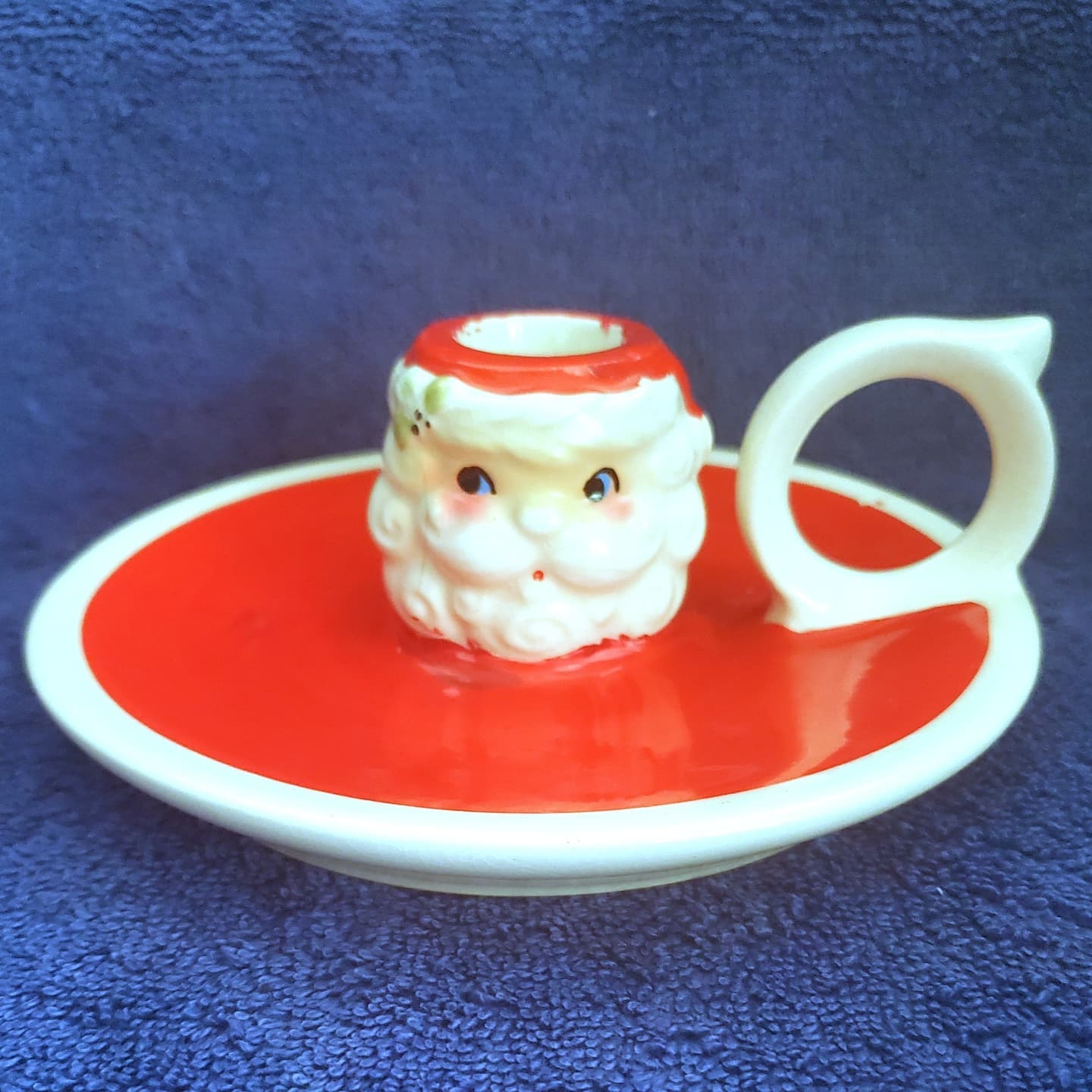 Holt Howard Holly Santa candle plate, front view.