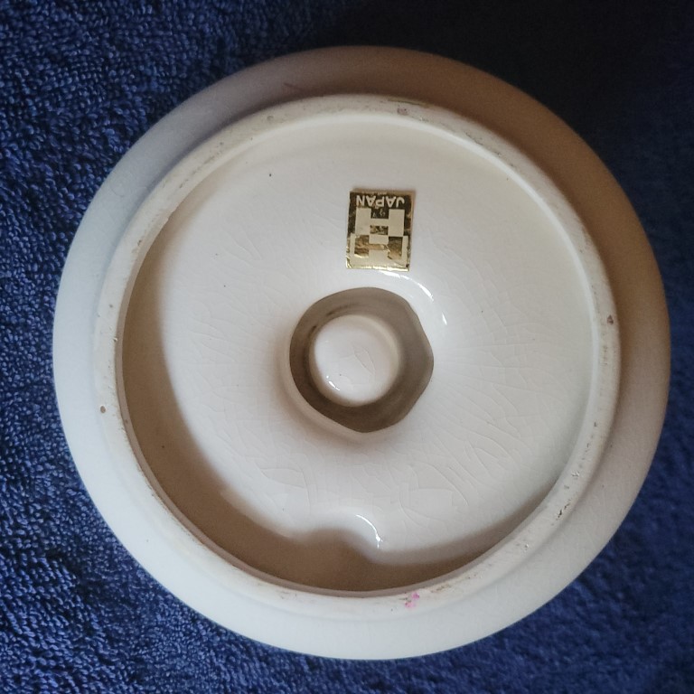 Underside of Holt Howard Holly Santa candle plate with foil label.