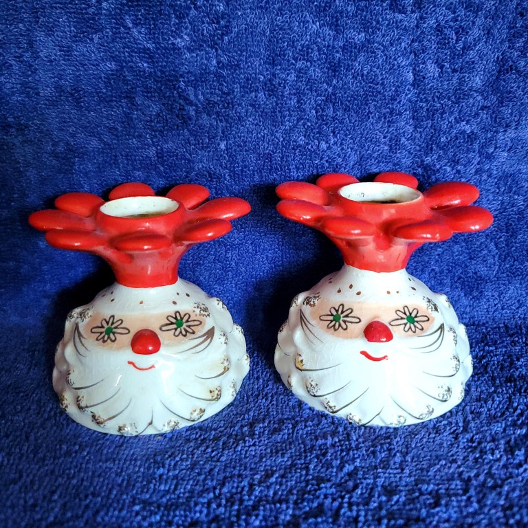 Pair of Holt Howard Starry-Eyed Santa Bell Candlestick Holders.