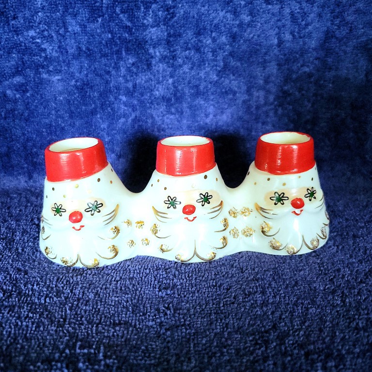 Holt Howard Starry-Eyed Santa Triple Candle Holder with Daisy-style eyes.
