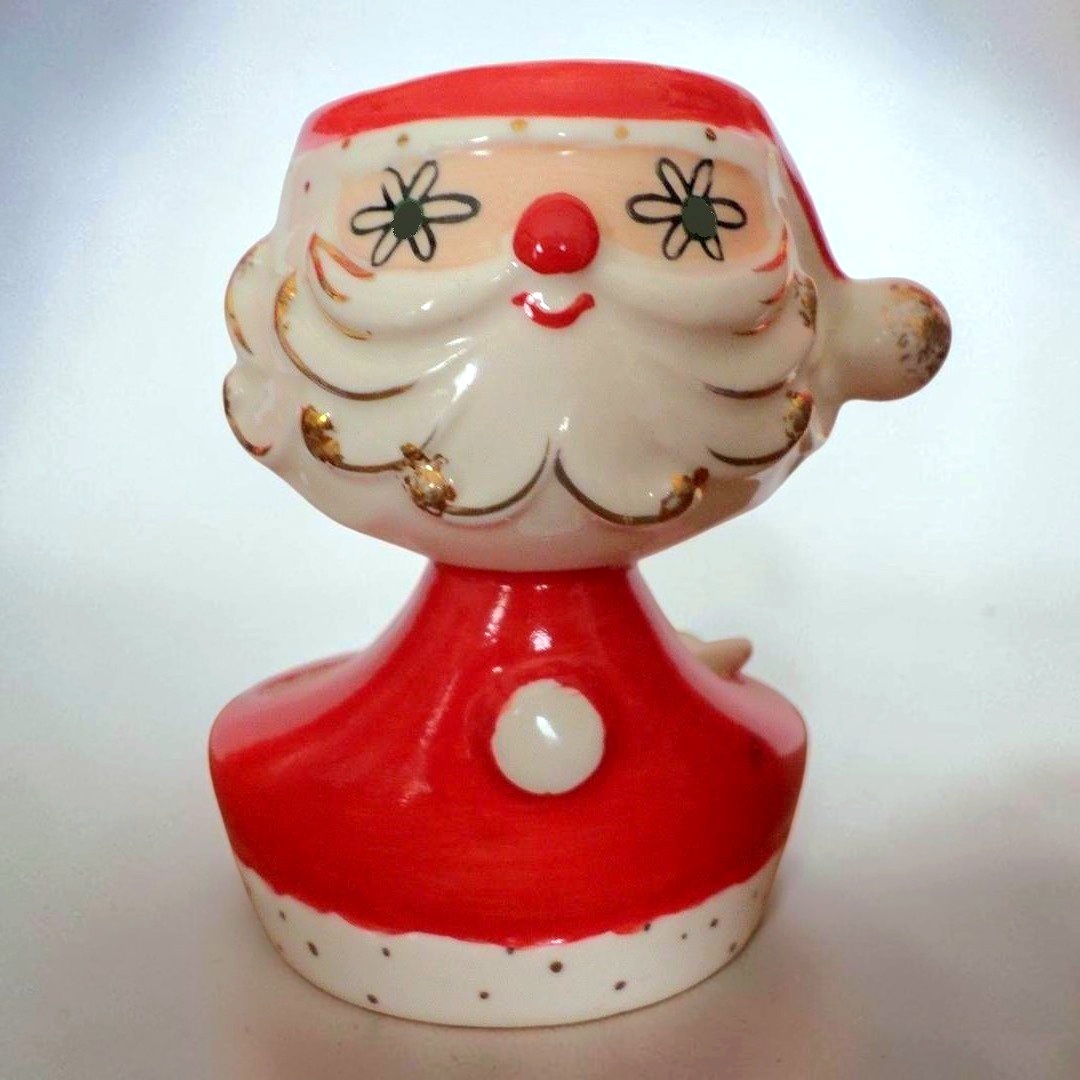 Reference photograph of rare Daisy-eye Holt Howard Starry-Eyed Santa Ashtray and Match Holder.