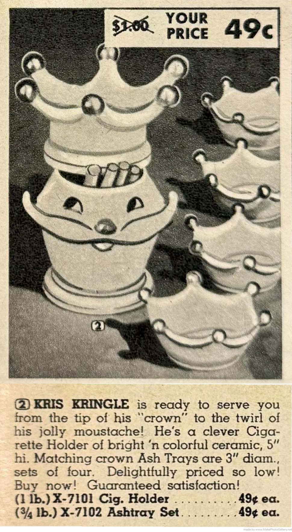 Vintage advertisement for the King Santa cigarette holder and crown ashtray set.