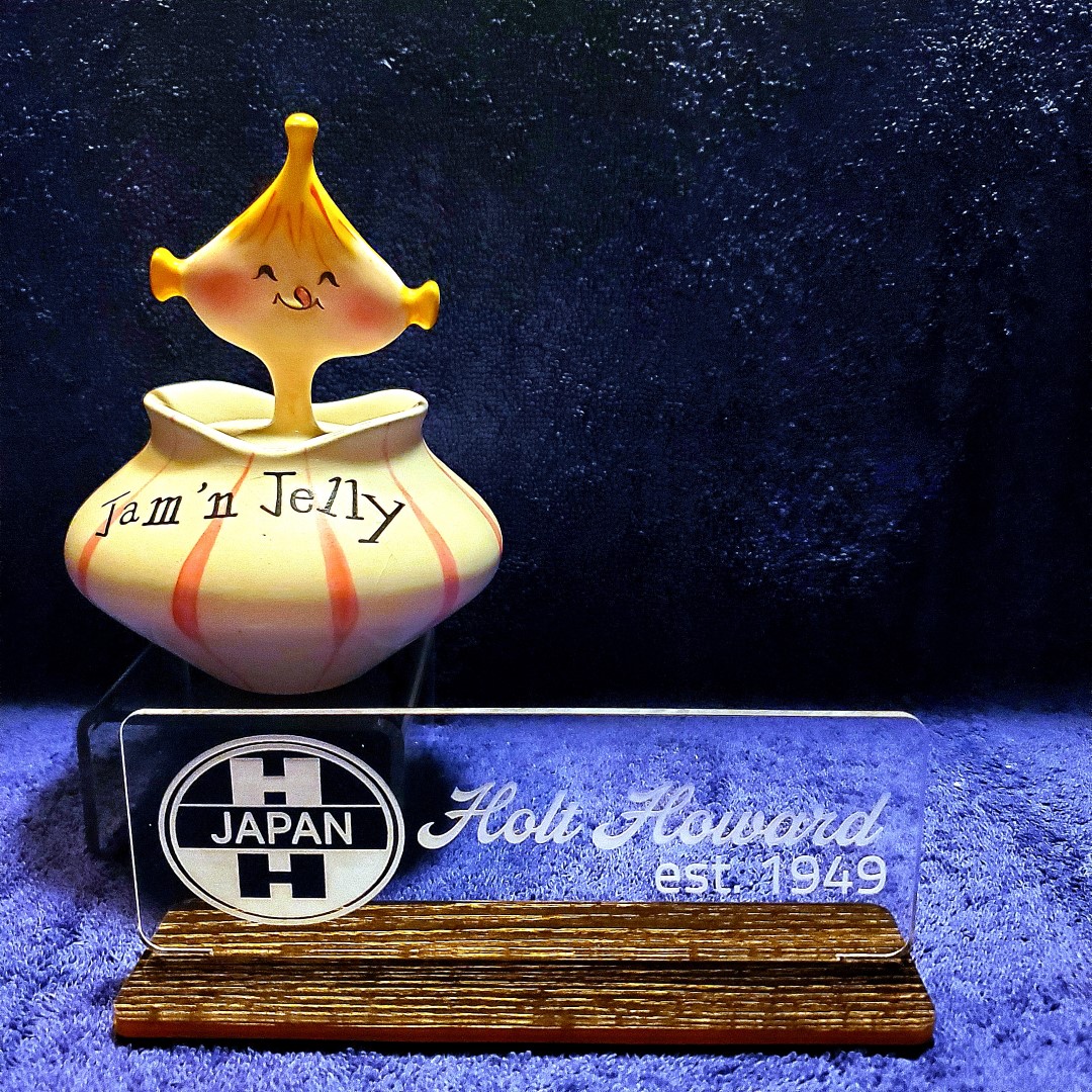 Holt Howard Jam 'n Jelly Pixieware jar displayed with Holt Howard sign